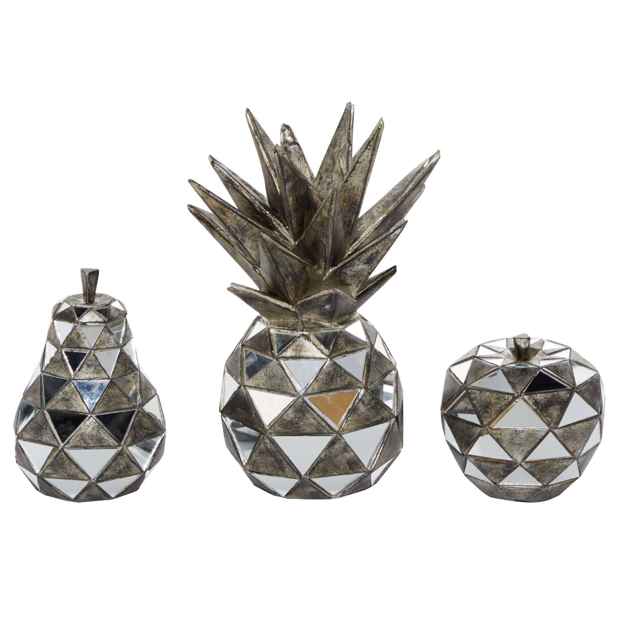 Set of 3 Silver Polystone Contemporary Fruit Sculpture, 4.5", 6.25", 10.5"